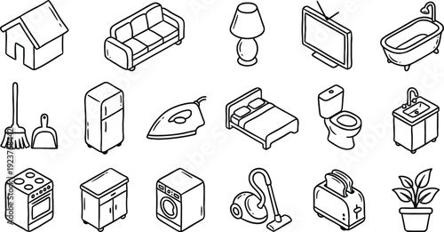 Black and white line drawings of various household objects and furniture