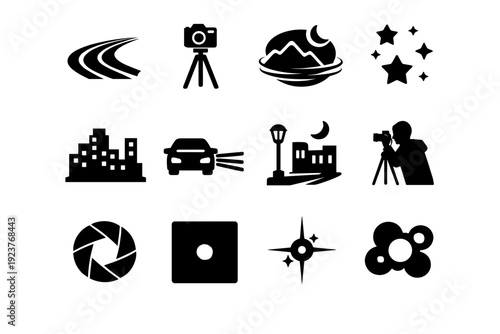 Night Photography. Solid icon set of Night Photography: light trail, camera on tripod, long exposure icon, stars in sky, city lights, glowing