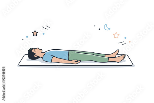 Evening yoga relaxation. A person lies in savasana pose on a mat with soft shadows and floating dots and stars around to emphasize calm, rest, and peaceful