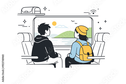 Friends sitting in silence. Friends sitting side by side on a train, looking out the window. Shared journey, quiet reflection during travel.