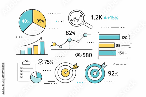 Statistics and data charts. Abstract charts and numbers floating in a balanced composition, modern and approachable feel. Visual summary of