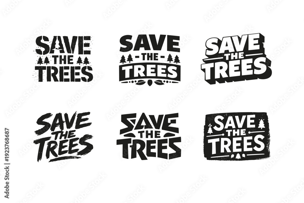 Obraz premium Creative Lettering Grid. Save the trees. Set lettering. harmonious lettering variations of the same emblematic concept, each with different artistic