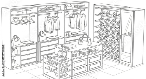 Elegant walk-in closet with organized storage and stylish design for fashion enthusiasts.