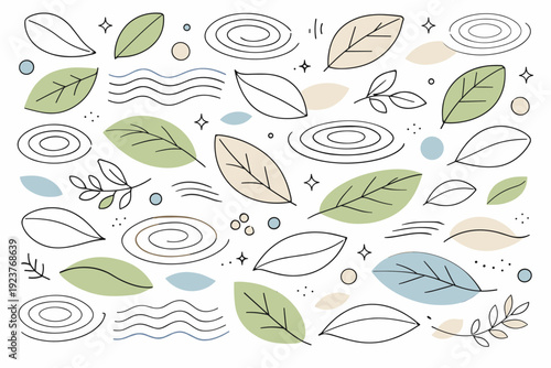 Nature's Abstract Harmony. Nature inspired abstract patterns. A calm editorial scene with repeating organic shapes inspired by leaves, water ripples, and
