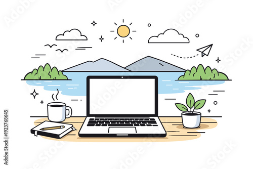 Laptop work near lakes. A serene blend of work and nature, laptop open with lake horizon visible behind. Remote work freedom and calm clarity. Minimalist flat