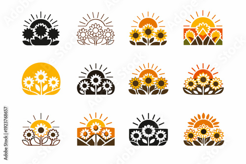 Sunflower Logo Variations. A field of sunflowers reaching up toward the sky on a bright summer day. Icon set. Set Logo of A field of sunflowers: sunflower with