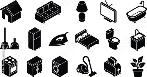 Black and white icons of household objects and appliances