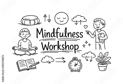Mindfulness Workshop. Hand-drawn doodle illustration of Mindfulness Workshop. seated person