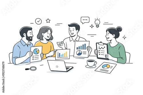 Corporate transparency and trust. Team members sharing reports and charts openly around a table. Friendly interaction showing honesty and