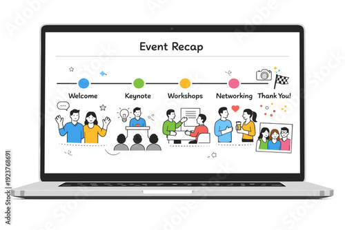 Post-Event Recap Visual. A laptop screen showing a clean timeline of moments, photos, and simple icons from an event. The illustration