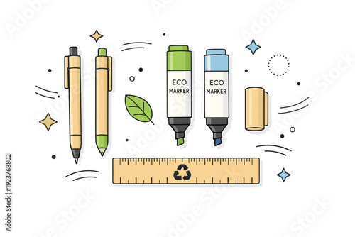 Flatlay of biodegradable stationery tools. A clean layout of compostable pens, refillable markers, and a recycled ruler, abstract floating