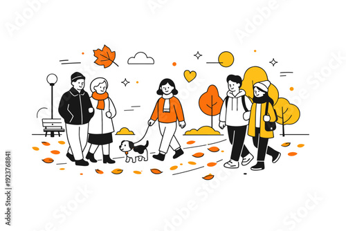 Autumn park walk. People walking along a path covered in orange and yellow leaves, soft floating decorative shapes enhancing cozy seasonal