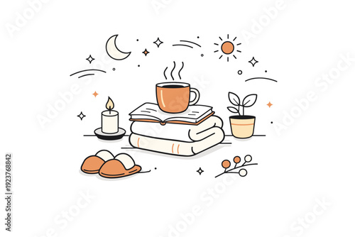Winter rest and comfort. Slow seasonal rhythm, focus on warmth, care, and emotional balance. Minimal abstract illustration expressing