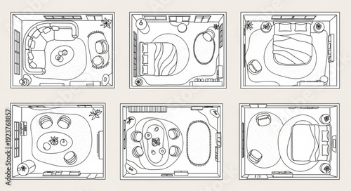 Overhead view of six different architectural floor plans with various room layouts.