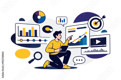Media data visualization. Abstract dashboards with bars, circles, and timelines floating in