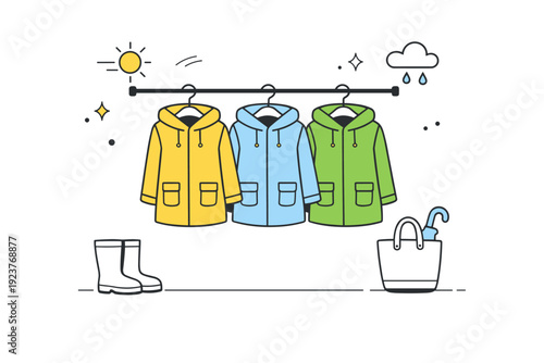 Raincoats instead of coats. Minimal wardrobe scene showing raincoats hanging instead of thick coats. Visual metaphor of seasonal change and lighter layers.