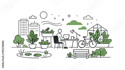 Urban greenery concept. Plants integrated into a minimal city or workspace environment, calm coexistence of nature and modern life. The