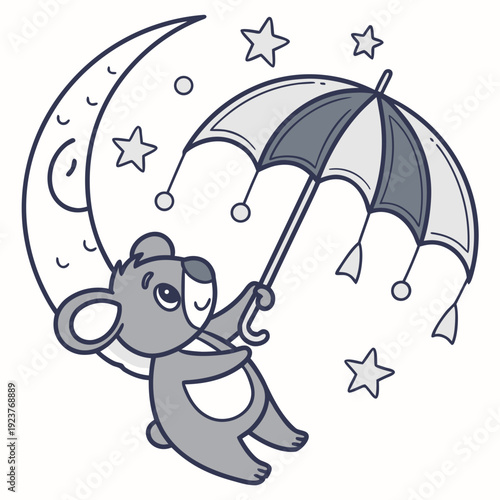 Cute SVG of a Playful Koala in Lunar Elegance colors, featuring under an umbrella in a Starlight Ball setting
