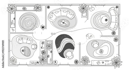 Detailed garden plan with circular and oval shaped areas, pathways and plants.