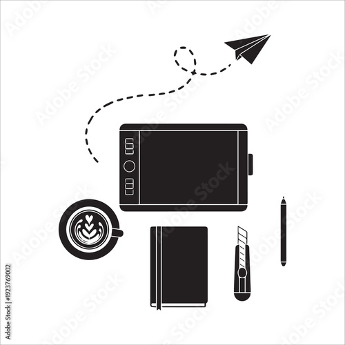 Creative Workspace Flat Lay Illustration with Digital Tablet and Coffee Cup