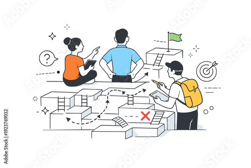 Strategic System Navigation. People navigating complex structures. Characters observing a complex system from above, planning their route before moving