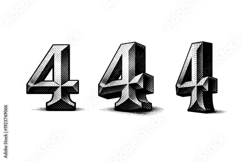 Halftone number illustrated as a vintage engraved-style numeral with defined planes displayed in head-on view, three-quarter perspective