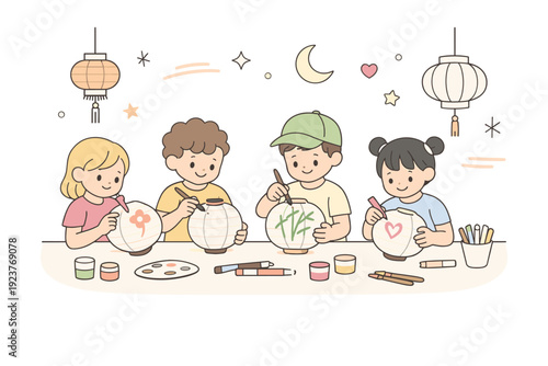 Spring lantern festivals kids? activity. Children calmly decorating paper lanterns with brushes and markers at a craft table during the festival. The