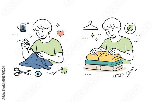 Clothing repair and longevity. A person sewing or carefully folding clothes, extending the life of their favorite garments. The illustration conveys patience,