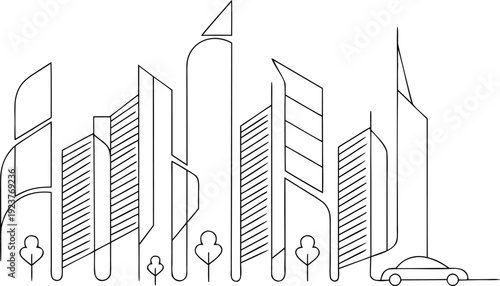 Minimalist line of tall buildings and a car with trees in a cityscape line minimalist