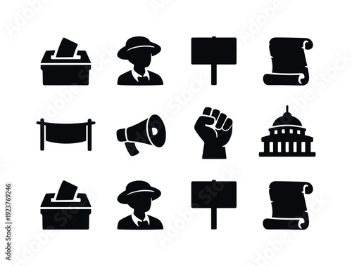Historic voting rights. Filled icon set of Historic voting rights: ballot box, female figure