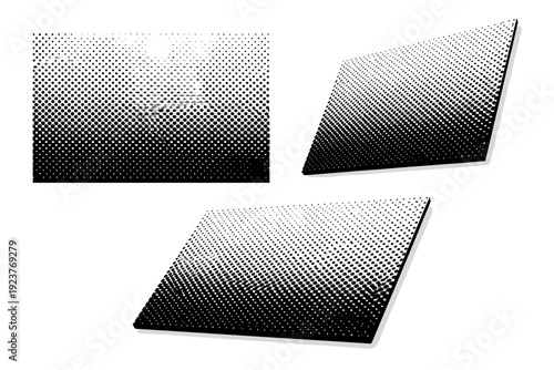 Halftone Dots Trio. Basic halftone dots effect. A single basic halftone dots effect panel shown in three views: flat front view, angled perspective view, and