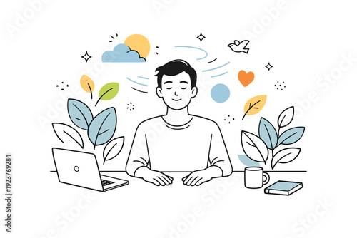 Breathing exercise at desk. Individual sitting at a desk with closed eyes and relaxed posture, surrounded by leafy elements and abstract floating shapes