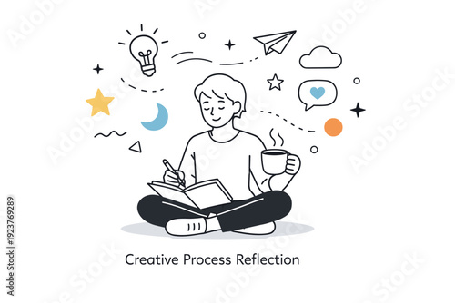 Creative Reflection Scene. creative process reflection. A designer sitting calmly with a sketchbook and cup of tea, abstract stars and floating