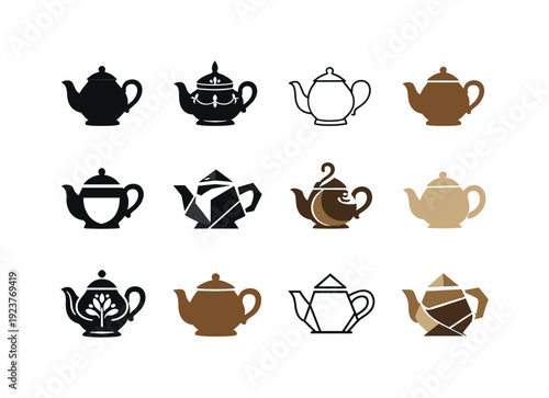 Collection of diverse teapot icons in various styles and colors on a white background