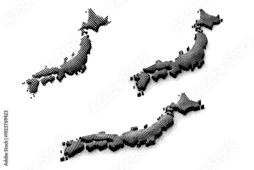 Country map Japan, a single Japan archipelago map object shown in straight-on view, angled view, and three-quarter perspective view as a unified object set.