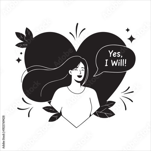 Happy Woman Saying Yes I Will Proposal and Engagement Romantic Illustration