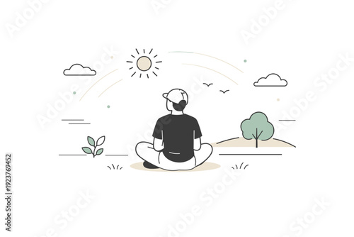 Slow time visuals. A minimal outdoor scene shows a person sitting on grass, watching light change subtly, with no action implied. The feeling is grounded,