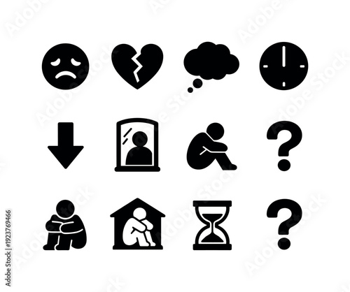Facing the emotional impact of an unfulfilled life. Filled icon set of Facing the emotional