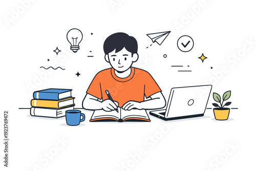 Student life. A student studying at a desk with books and a laptop, calm focused atmosphere. Everyday learning routine expressed with balance