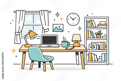 Cozy home office corner. Desk placed near a window with soft curtains, bookshelf, and warm lamp accents. Comfort, focus, and personal