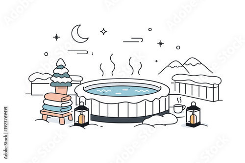 Winter rooftop hot tubs. A quiet evening rooftop spa setup with a hot tub, lanterns and folded towels, snow-covered surfaces and a sense of