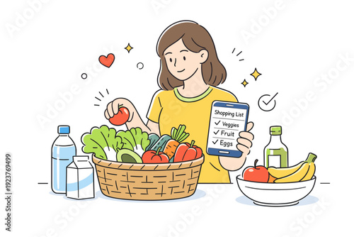 Healthy grocery selection. A person choosing vegetables from a basket while checking a simple shopping list on a phone. Calm focus, healthy lifestyle, and