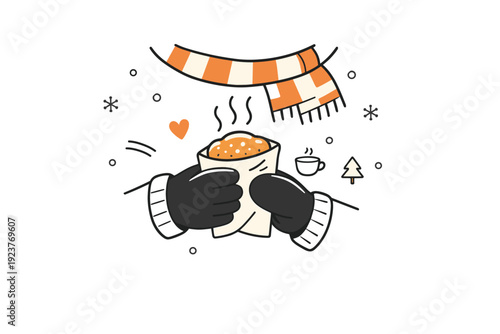 Winter Street Food. Street food winter walk. Simple scene of hands holding a warm snack while walking, with scarf, gloves, and gentle snow or cold air cues.