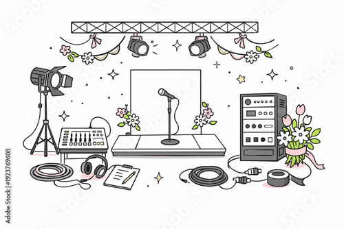 Backstage Floral Setup. Spring event backstage scene. Minimal stage props, cables, and lighting controls arranged with floral and ribbon details.