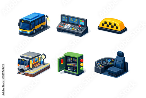 Overnight transport workers. Isometric flat vector icons set of Overnight transport workers: city bus at night, subway control panel, taxi