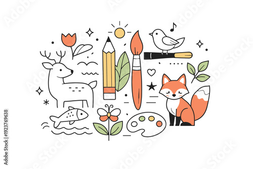 Nature as artistic muse. An abstract composition combining animals, plants, and artistic tools like brushes and pencils. The scene feels