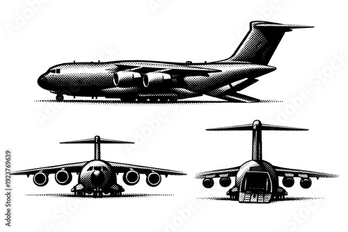 Airplane side profile cargo transport plane. A large heavy-duty cargo airplane with high-mounted wings and rear loading ramp represented as a