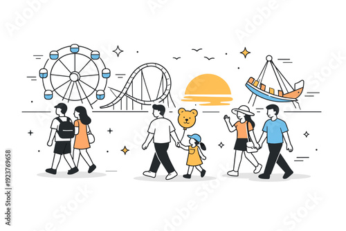 Amusement park leisure visits. Visitors leaving the park at sunset, rides behind them in soft motion. Peaceful end to a pleasant leisure day.