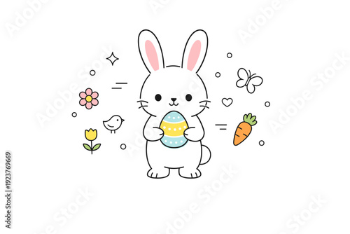 Easter bunny. A cute minimal bunny holding an Easter egg, standing calmly in the center of the scene. Soft friendly mood with subtle spring symbols around.