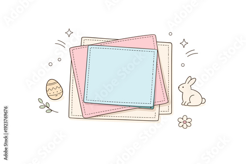 Abstract Easter fabric background. Several soft linen napkins layered with pastel colors, subtle textures, and small spring decorative